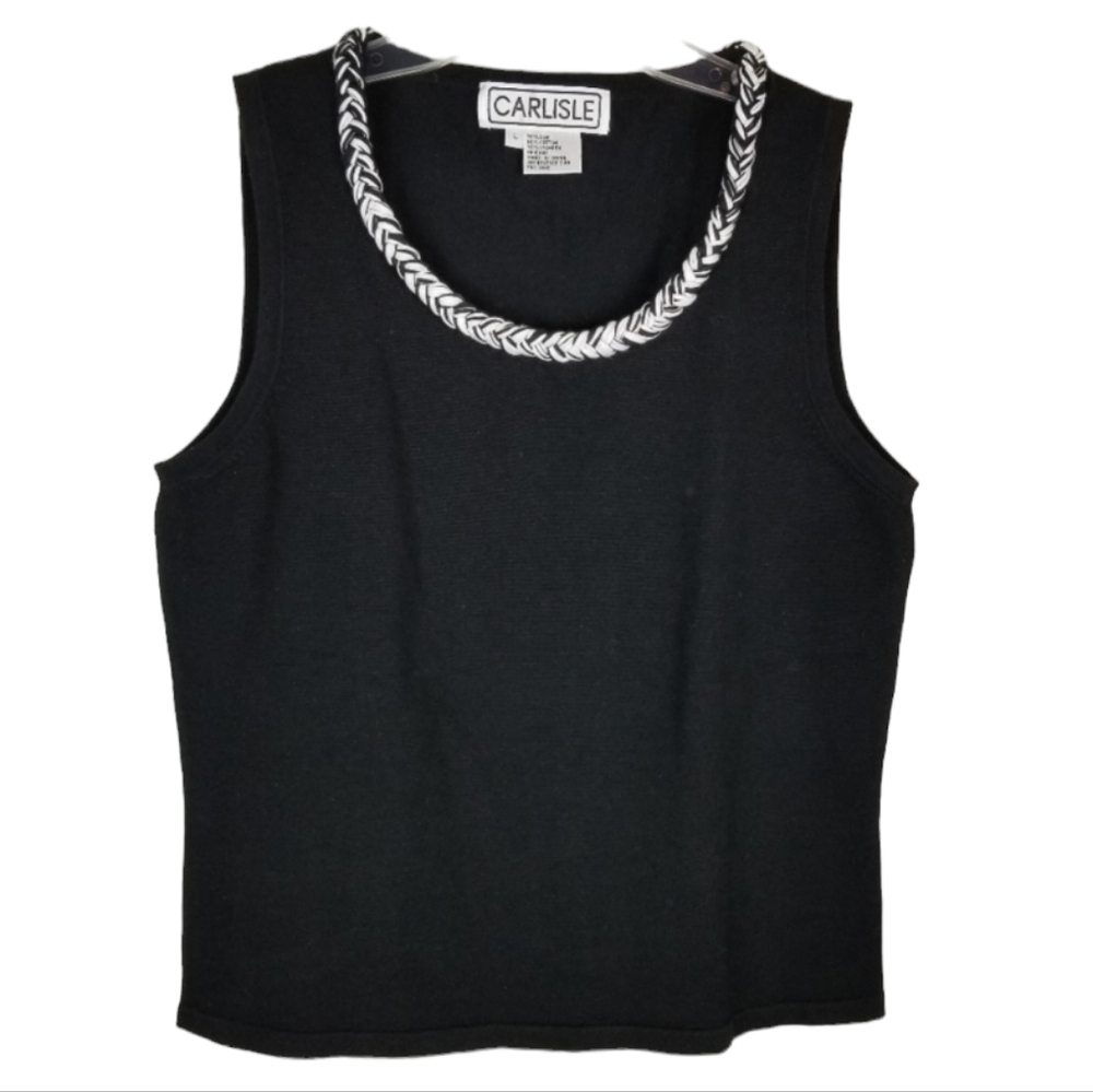 Carlisle Silk Sleeveless Sweater Top Womens Large Black Braided Neckline Stretch